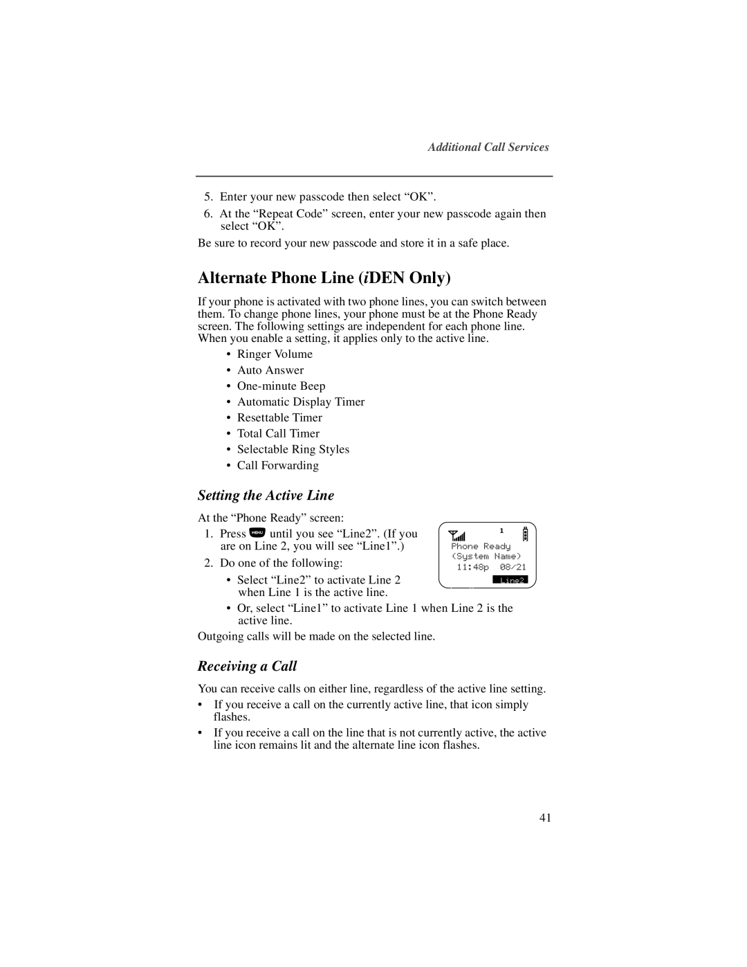 Motorola i2000plus manual Alternate Phone Line iDEN Only, Setting the Active Line, Receiving a Call 