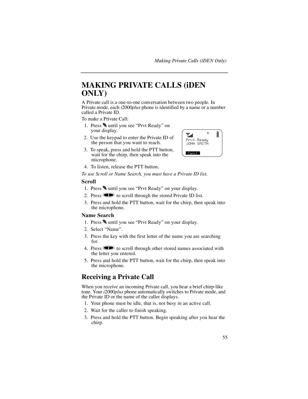 Motorola i2000plus manual Receiving a Private Call, Scroll, Name Search 