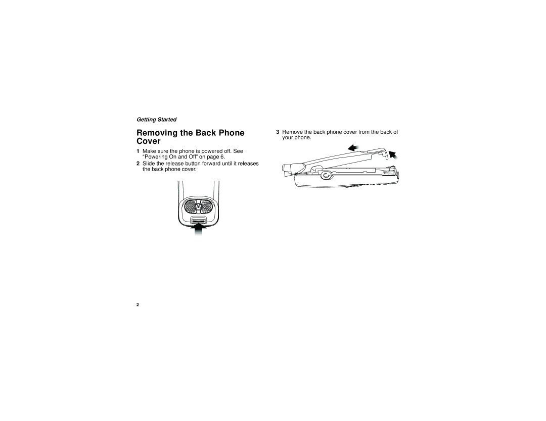 Motorola i205 manual Removing the Back Phone Cover, Getting Started 