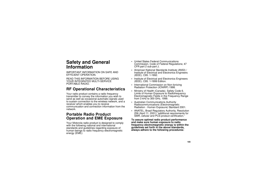 Motorola i205 manual Safety and General Information, RF Operational Characteristics 