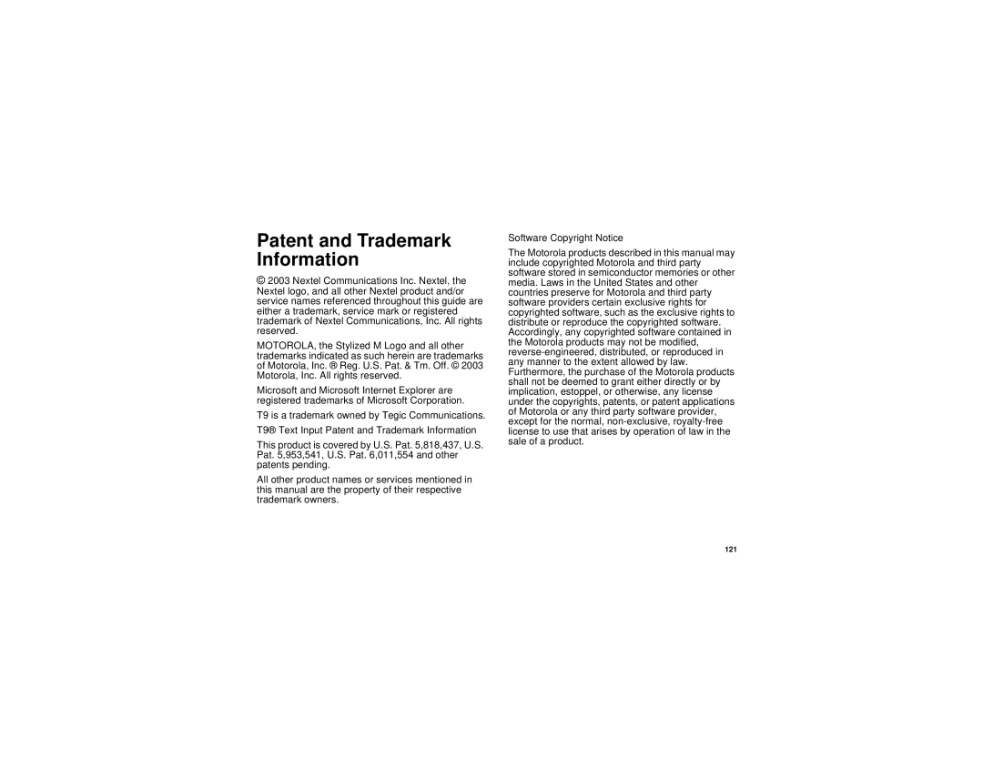 Motorola i205 manual Patent and Trademark Information 