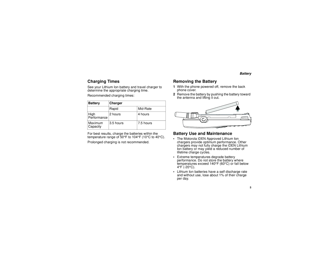 Motorola i205 manual Charging Times, Removing the Battery, Battery Use and Maintenance, Battery Charger 