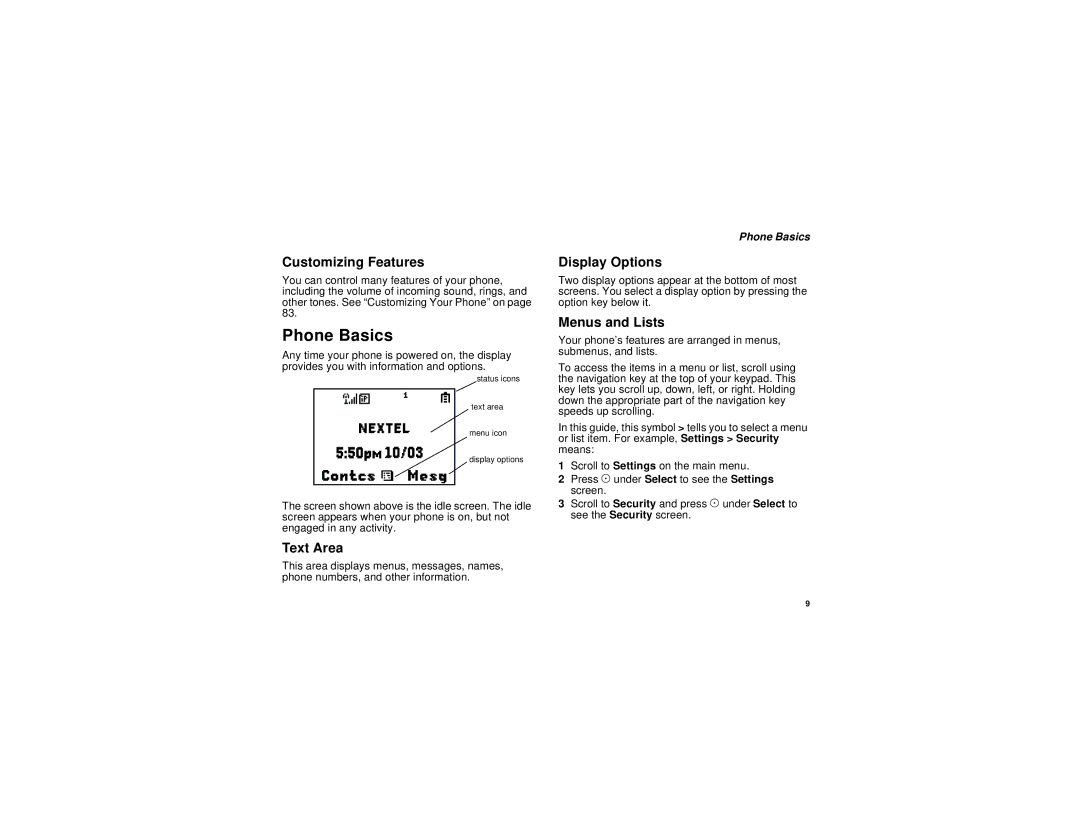 Motorola i205 manual Phone Basics, Customizing Features, Text Area, Display Options, Menus and Lists 