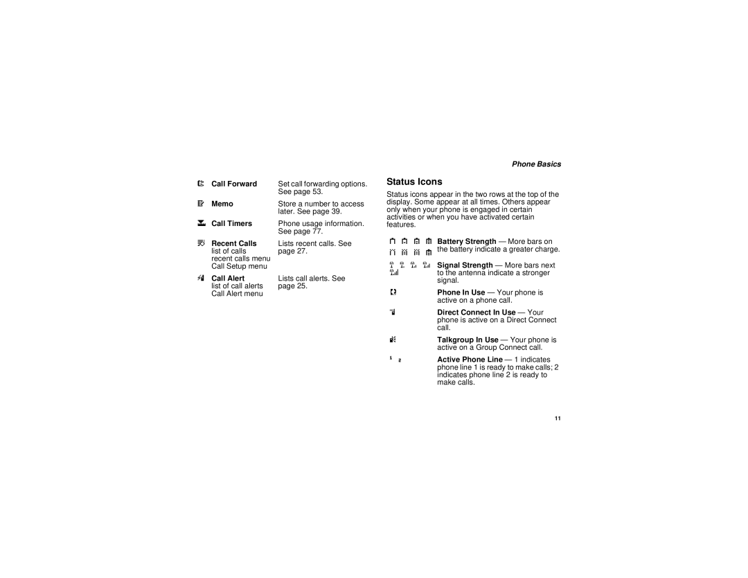 Motorola i205 manual Status Icons, OpqrSignal Strength More bars next 