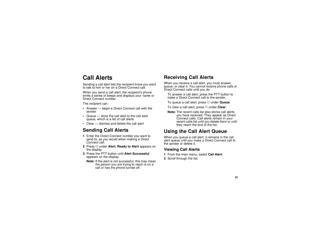 Motorola i205 manual Sending Call Alerts, Receiving Call Alerts, Using the Call Alert Queue, Viewing Call Alerts 