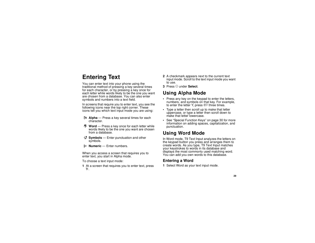 Motorola i205 manual Entering Text, Using Alpha Mode, Using Word Mode, Entering a Word 