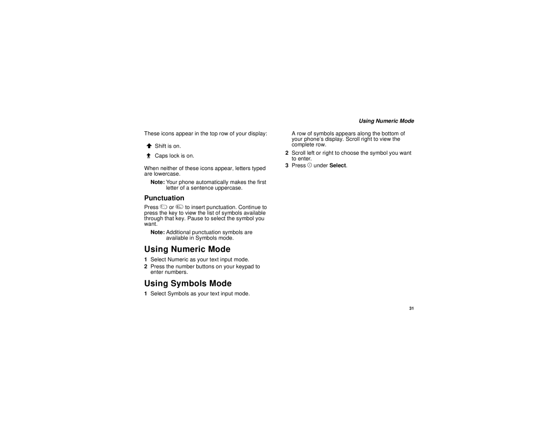 Motorola i205 manual Using Numeric Mode, Using Symbols Mode, Punctuation 