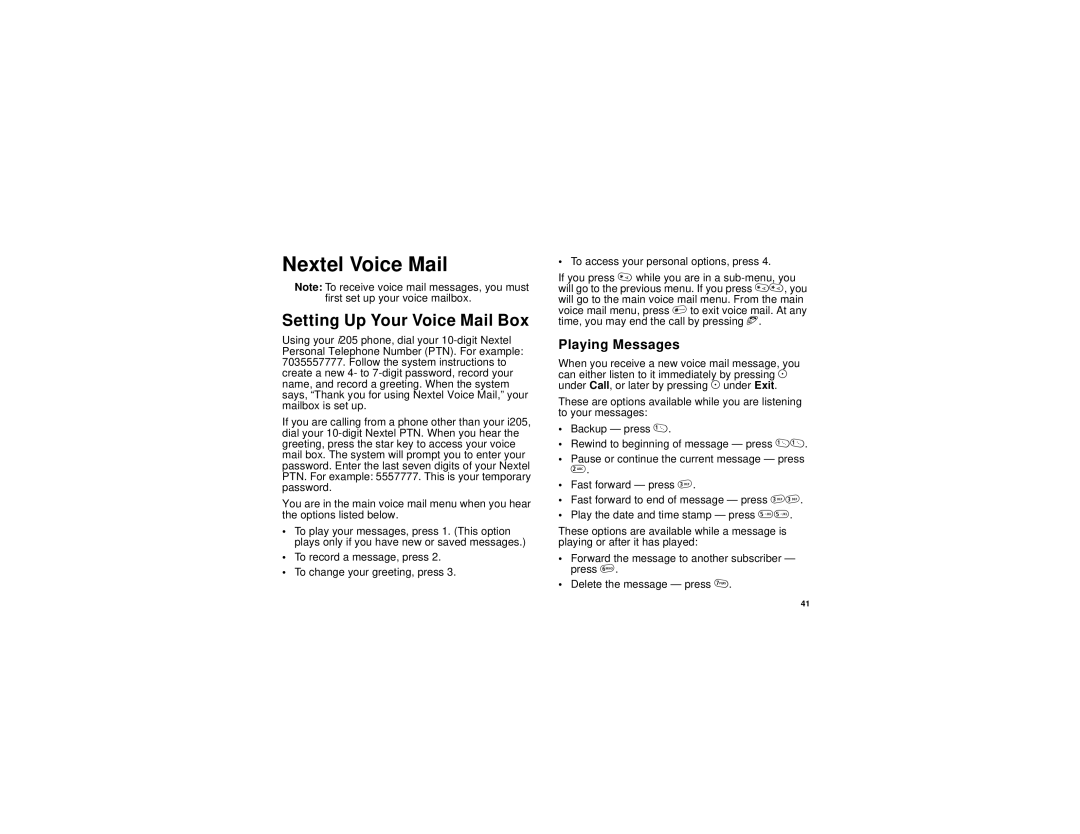 Motorola i205 manual Nextel Voice Mail, Setting Up Your Voice Mail Box, Playing Messages 