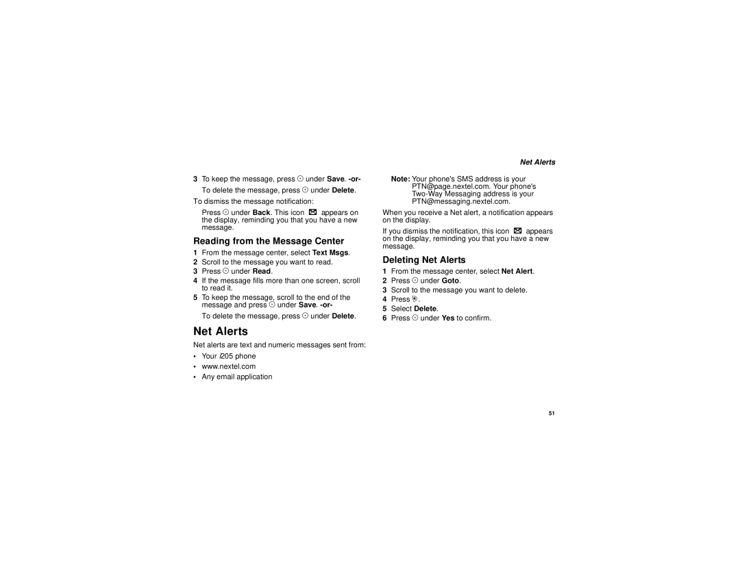 Motorola i205 manual Reading from the Message Center, Deleting Net Alerts 