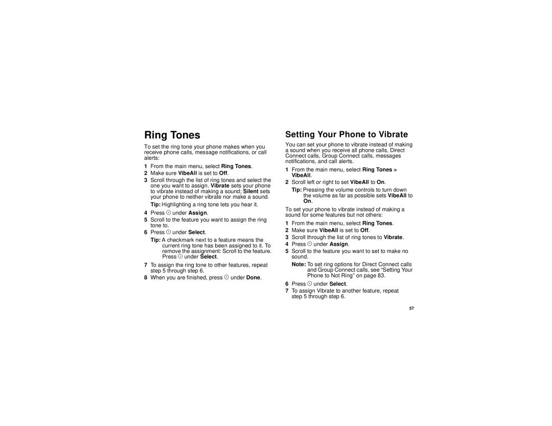 Motorola i205 manual Ring Tones, Setting Your Phone to Vibrate 