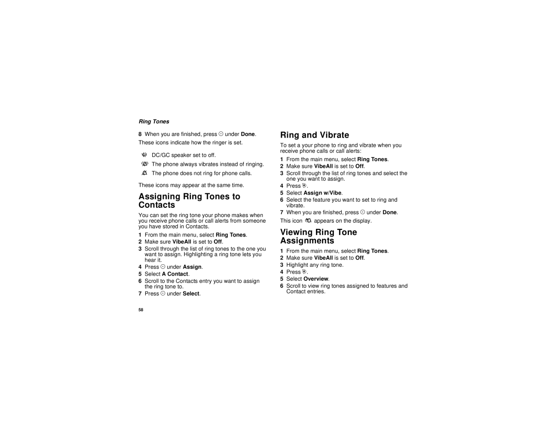 Motorola i205 manual Assigning Ring Tones to Contacts, Ring and Vibrate, Viewing Ring Tone Assignments 