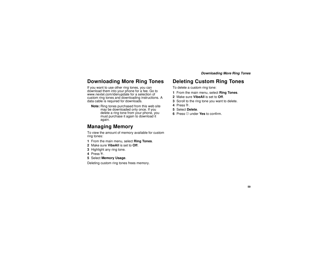 Motorola i205 manual Downloading More Ring Tones Managing Memory, Deleting Custom Ring Tones, Select Memory Usage 
