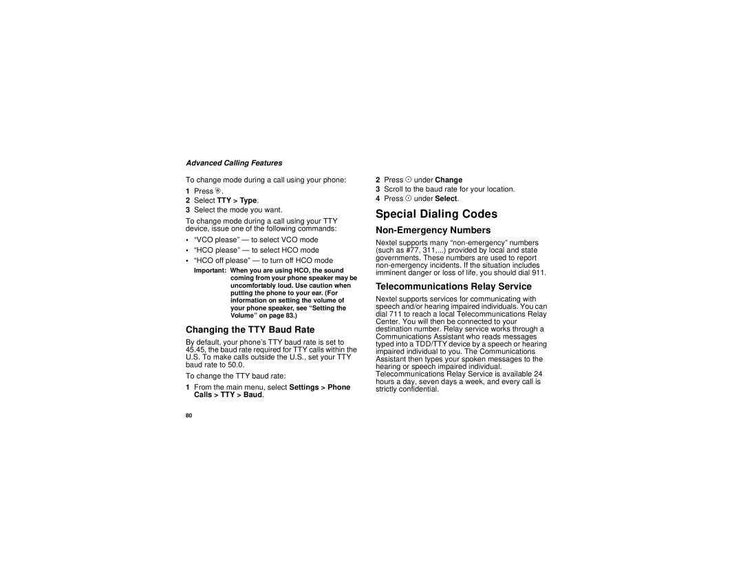 Motorola i205 Special Dialing Codes, Changing the TTY Baud Rate, Non-Emergency Numbers, Telecommunications Relay Service 