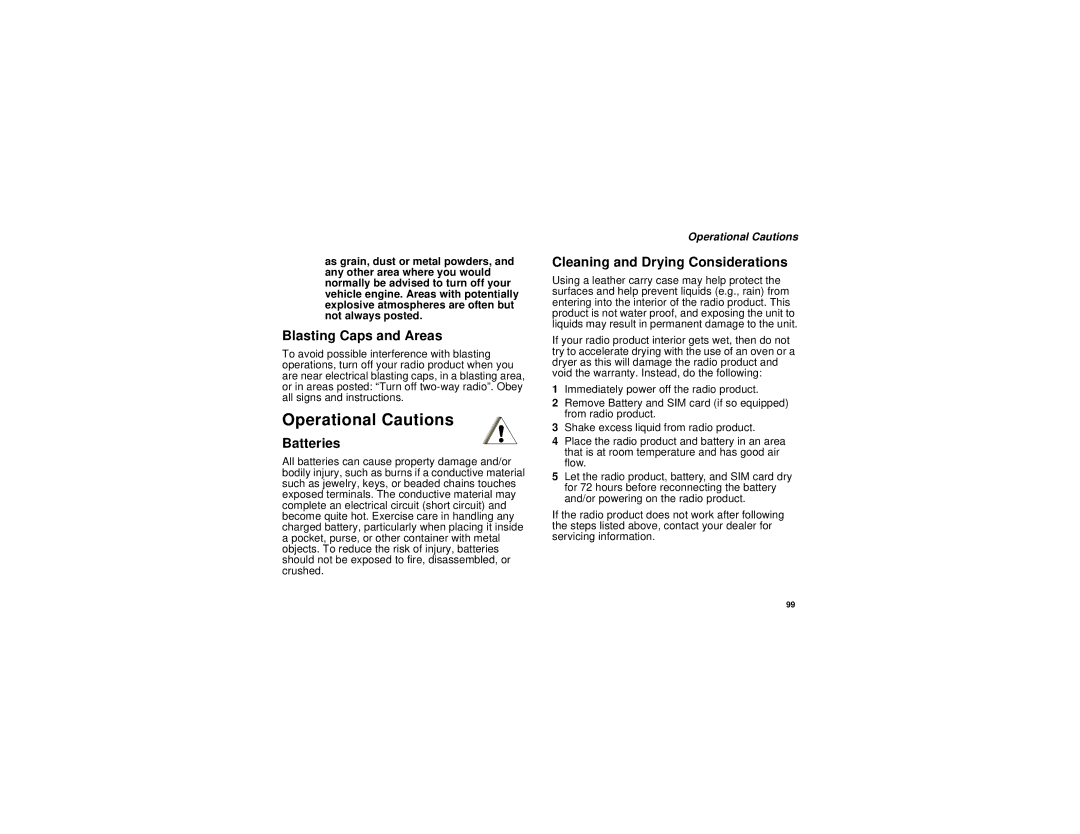 Motorola i265 manual Operational Cautions, Blasting Caps and Areas, Batteries, Cleaning and Drying Considerations 