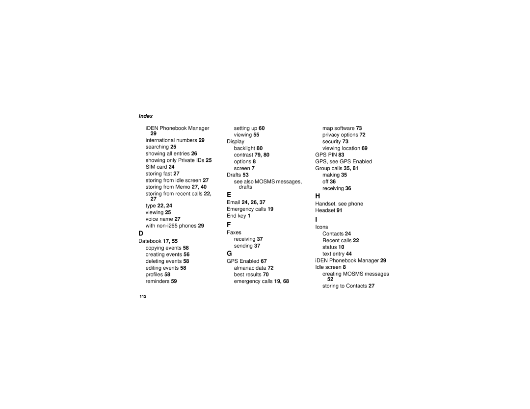 Motorola i265 manual Index, Type 22, Email 24, 26 