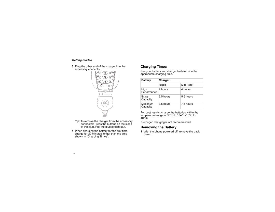 Motorola i265 manual Charging Times, Removing the Battery, Battery Charger 