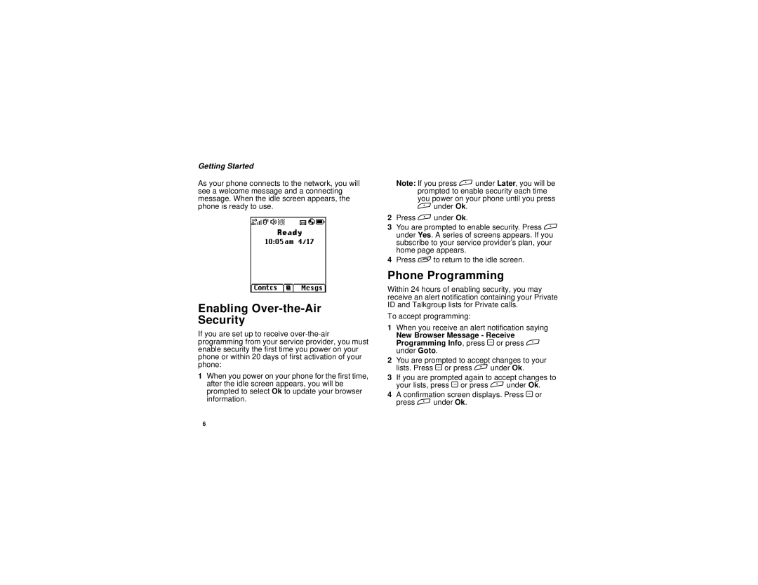 Motorola i265 manual Enabling Over-the-Air Security, Phone Programming 