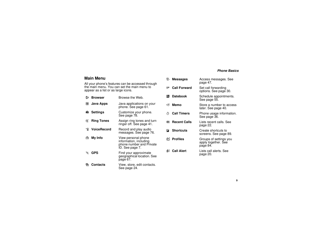 Motorola i265 manual Main Menu, Phone Basics 