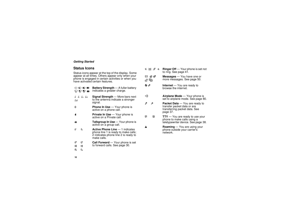 Motorola i265 manual Status Icons, OpqrSignal Strength More bars next 