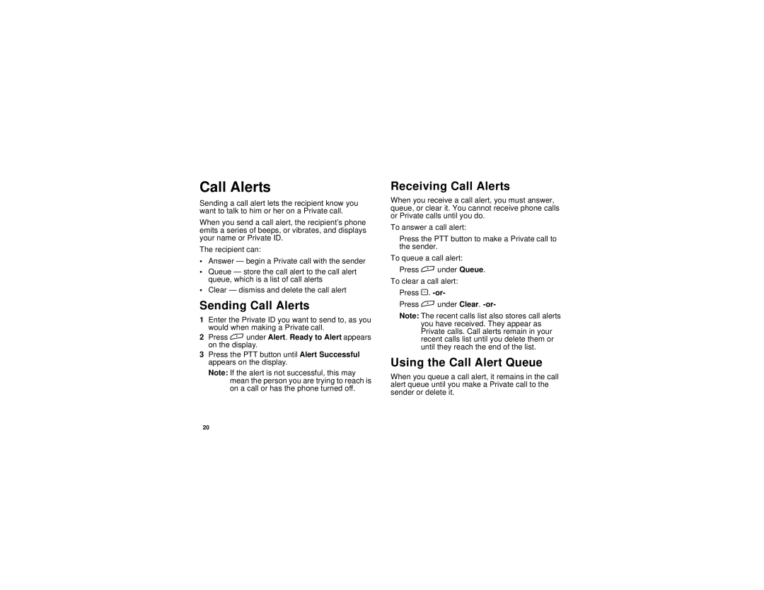 Motorola i265 manual Sending Call Alerts, Receiving Call Alerts, Using the Call Alert Queue 
