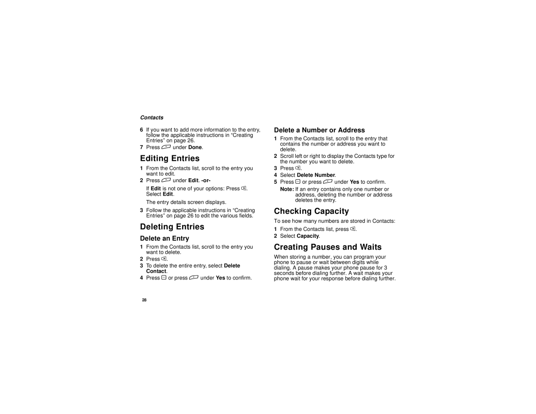 Motorola i265 manual Editing Entries, Deleting Entries, Checking Capacity, Creating Pauses and Waits 