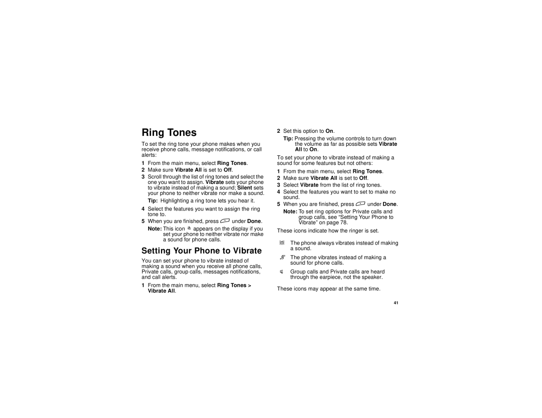 Motorola i265 manual Ring Tones, Setting Your Phone to Vibrate 