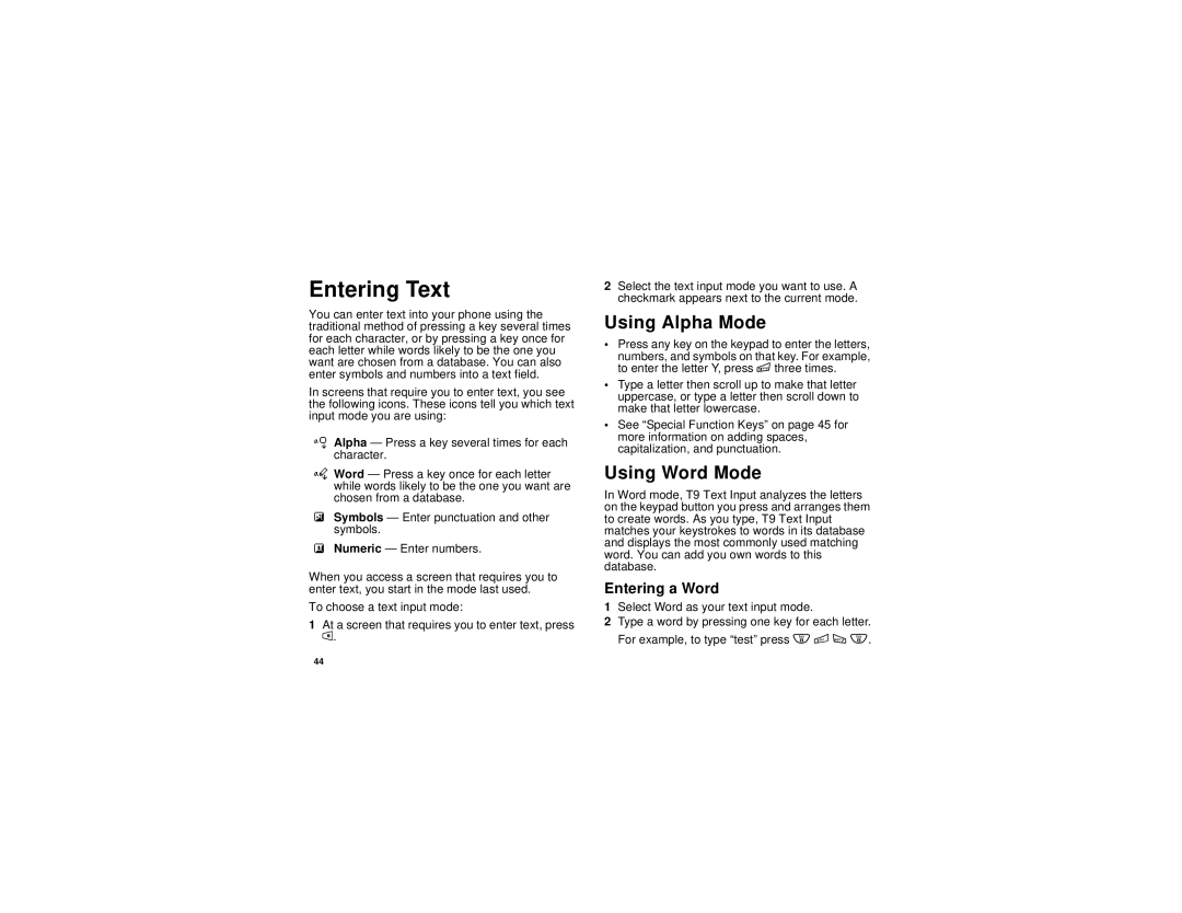 Motorola i265 manual Entering Text, Using Alpha Mode, Using Word Mode, Entering a Word 