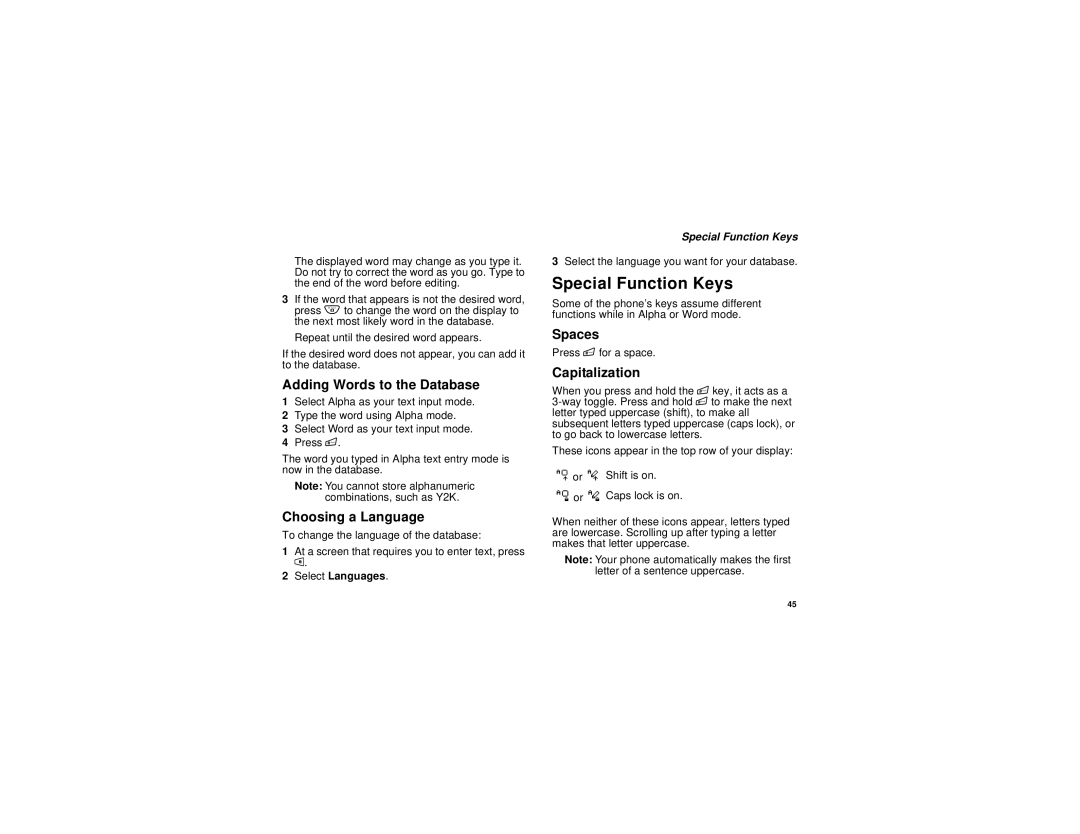 Motorola i265 manual Special Function Keys, Adding Words to the Database, Choosing a Language, Spaces, Capitalization 