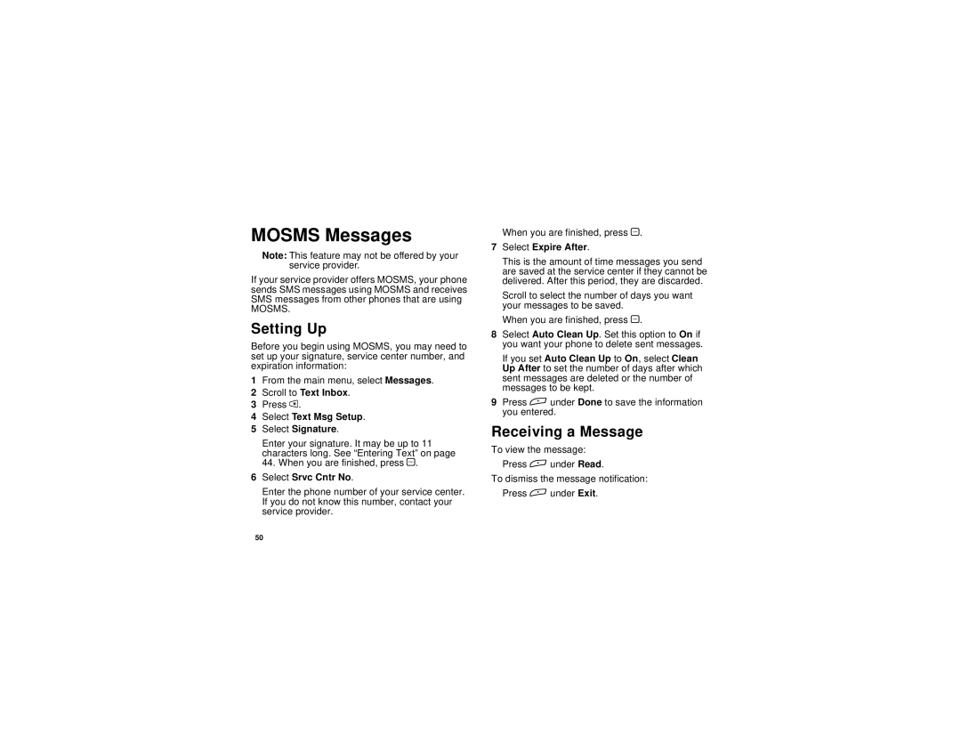 Motorola i265 Mosms Messages, Setting Up, Select Text Msg Setup Select Signature, Select Srvc Cntr No, Select Expire After 