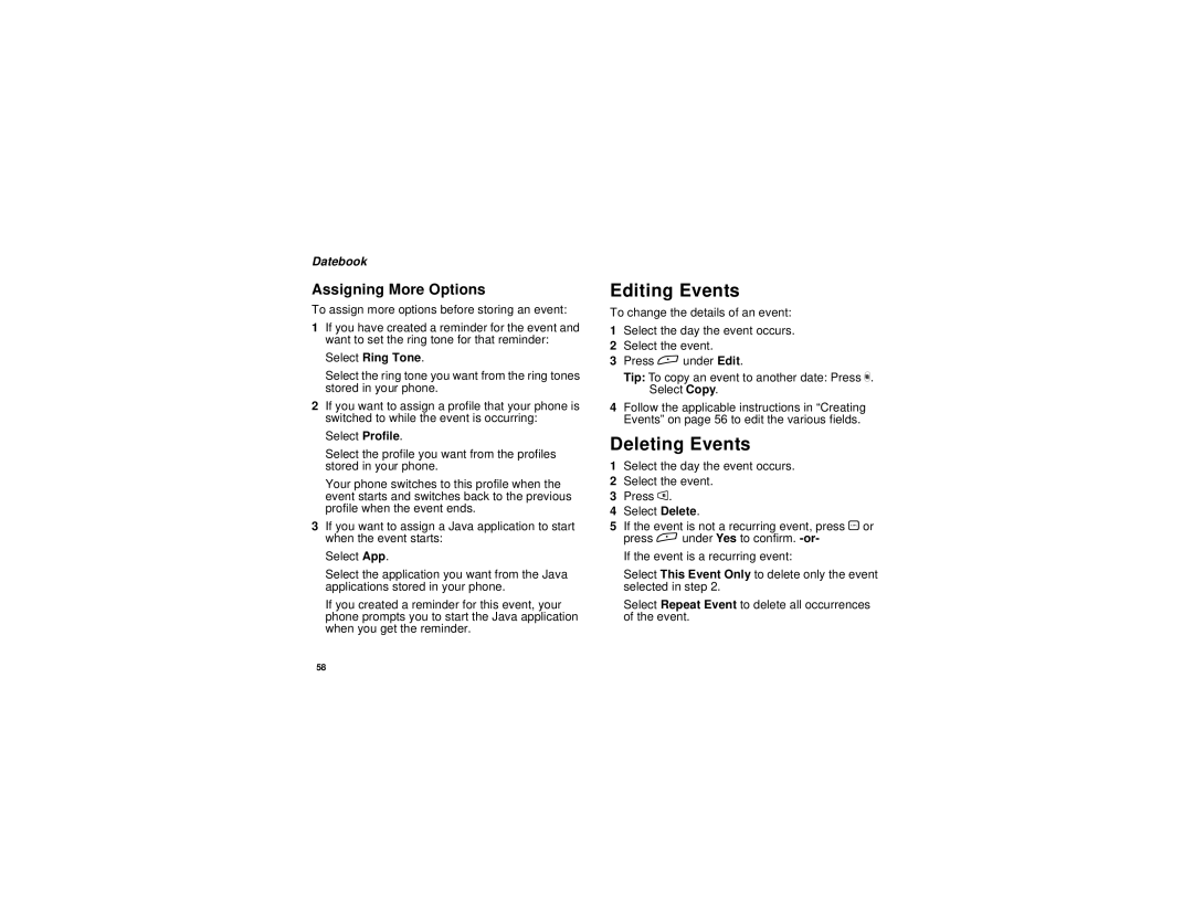 Motorola i265 manual Editing Events, Deleting Events, Assigning More Options, Select Ring Tone 