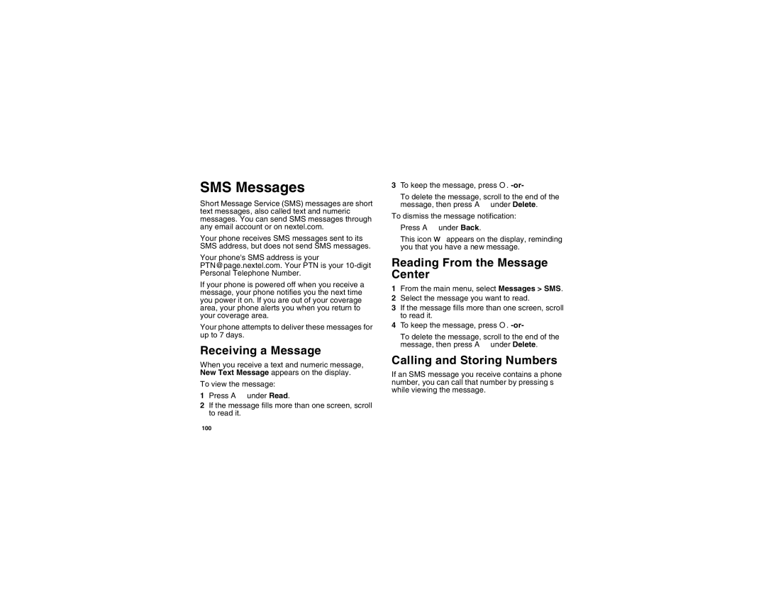 Motorola I275 manual SMS Messages, Reading From the Message Center, Calling and Storing Numbers 