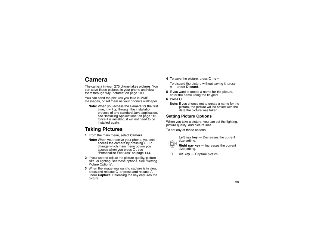 Motorola I275 manual Camera, Taking Pictures, Setting Picture Options 