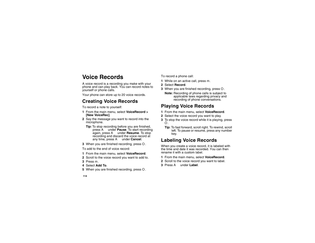 Motorola I275 manual Creating Voice Records, Playing Voice Records, Labeling Voice Records 