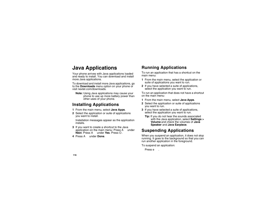 Motorola I275 manual Java Applications, Installing Applications, Running Applications, Suspending Applications 