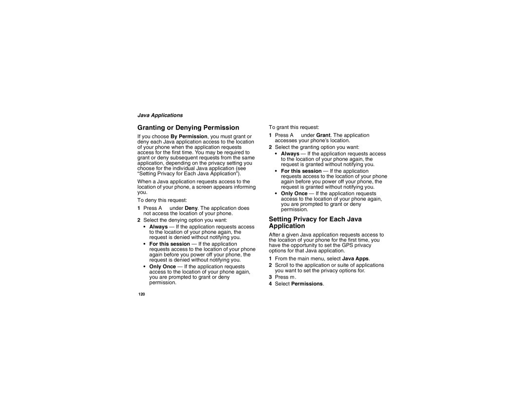 Motorola I275 manual Granting or Denying Permission, Setting Privacy for Each Java Application, Select Permissions 