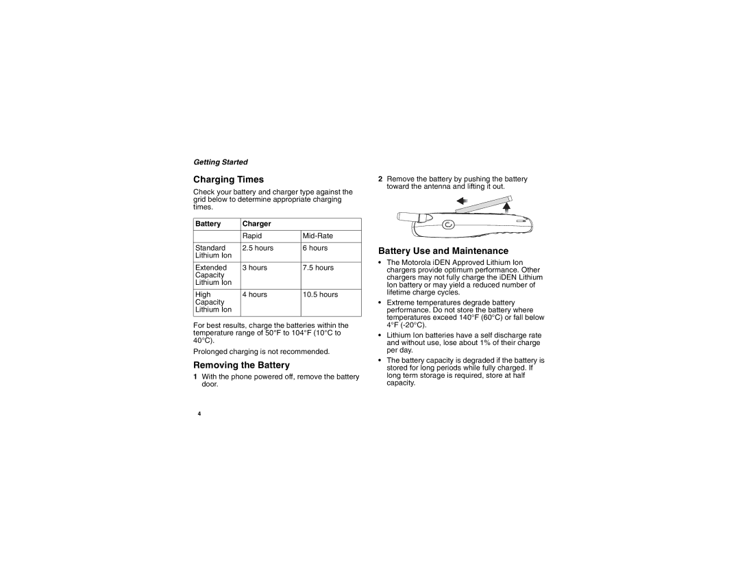 Motorola I275 manual Charging Times, Removing the Battery, Battery Use and Maintenance, Battery Charger 