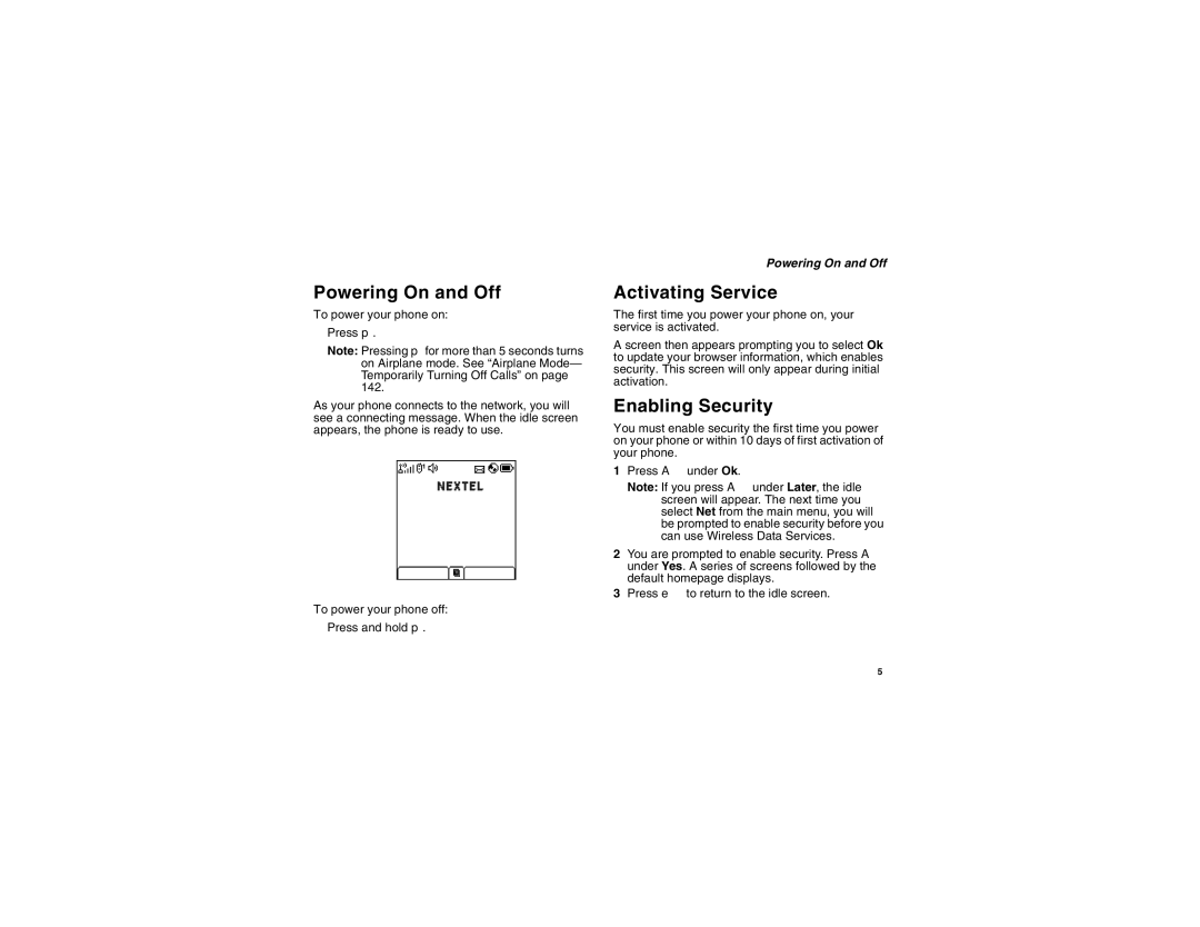 Motorola I275 manual Activating Service, Enabling Security, Powering On and Off 