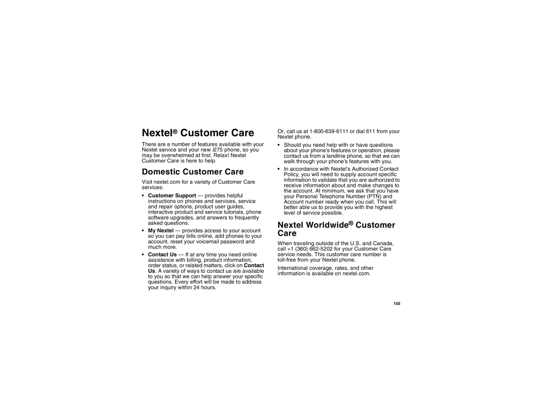 Motorola I275 manual Nextel Customer Care, Domestic Customer Care, Nextel Worldwide Customer Care 