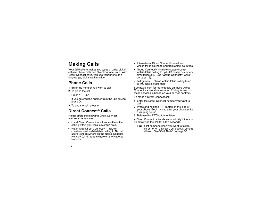 Motorola I275 manual Making Calls, Phone Calls, Direct Connect Calls 