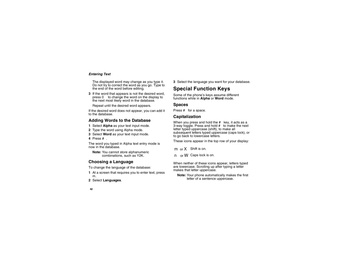 Motorola I275 manual Special Function Keys, Adding Words to the Database, Choosing a Language, Spaces, Capitalization 