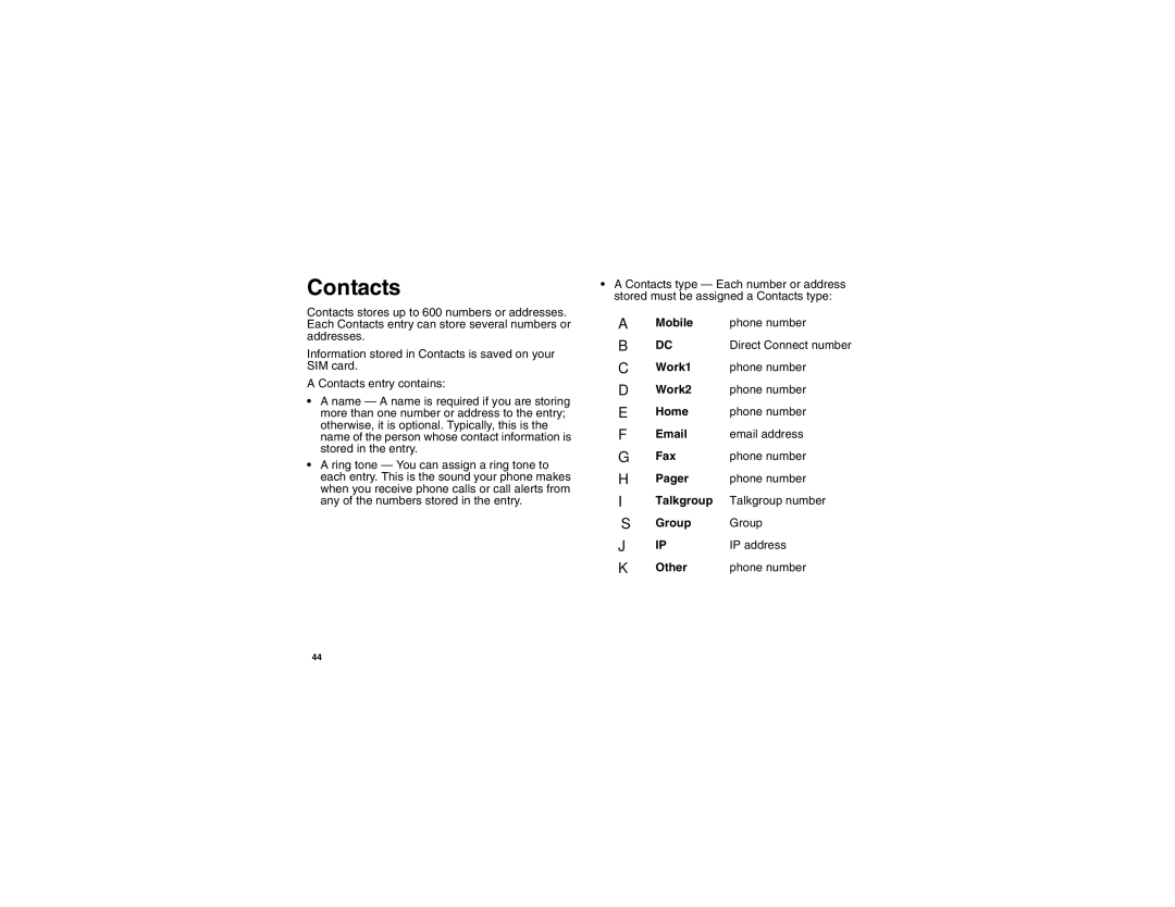 Motorola I275 manual Contacts 