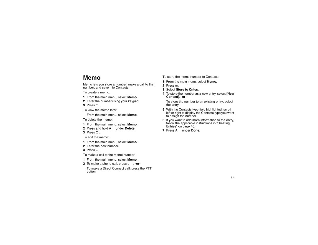 Motorola I275 manual Memo, Select Store to Cntcs 