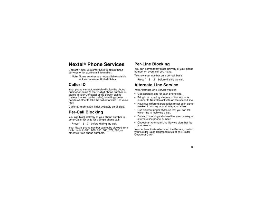 Motorola I275 manual Nextel Phone Services, Caller ID, Per-Call Blocking, Per-Line Blocking, Alternate Line Service 