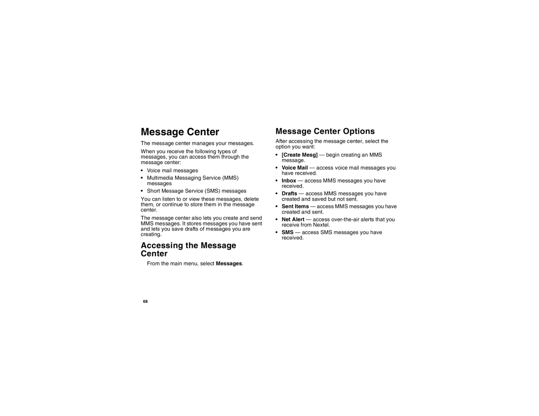 Motorola I275 manual Accessing the Message Center, Message Center Options, From the main menu, select Messages 