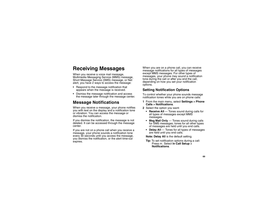 Motorola I275 manual Receiving Messages, Message Notifications, Setting Notification Options 