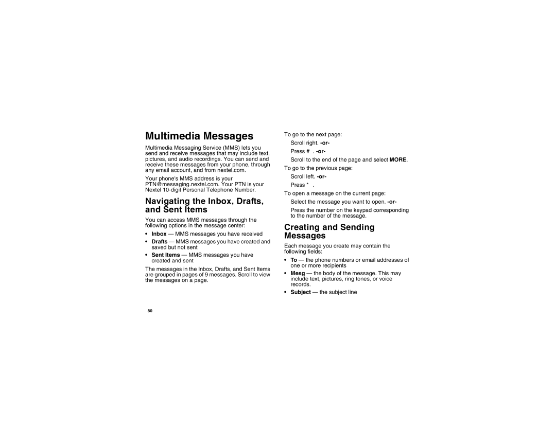 Motorola I275 manual Multimedia Messages, Navigating the Inbox, Drafts, and Sent Items, Creating and Sending Messages 