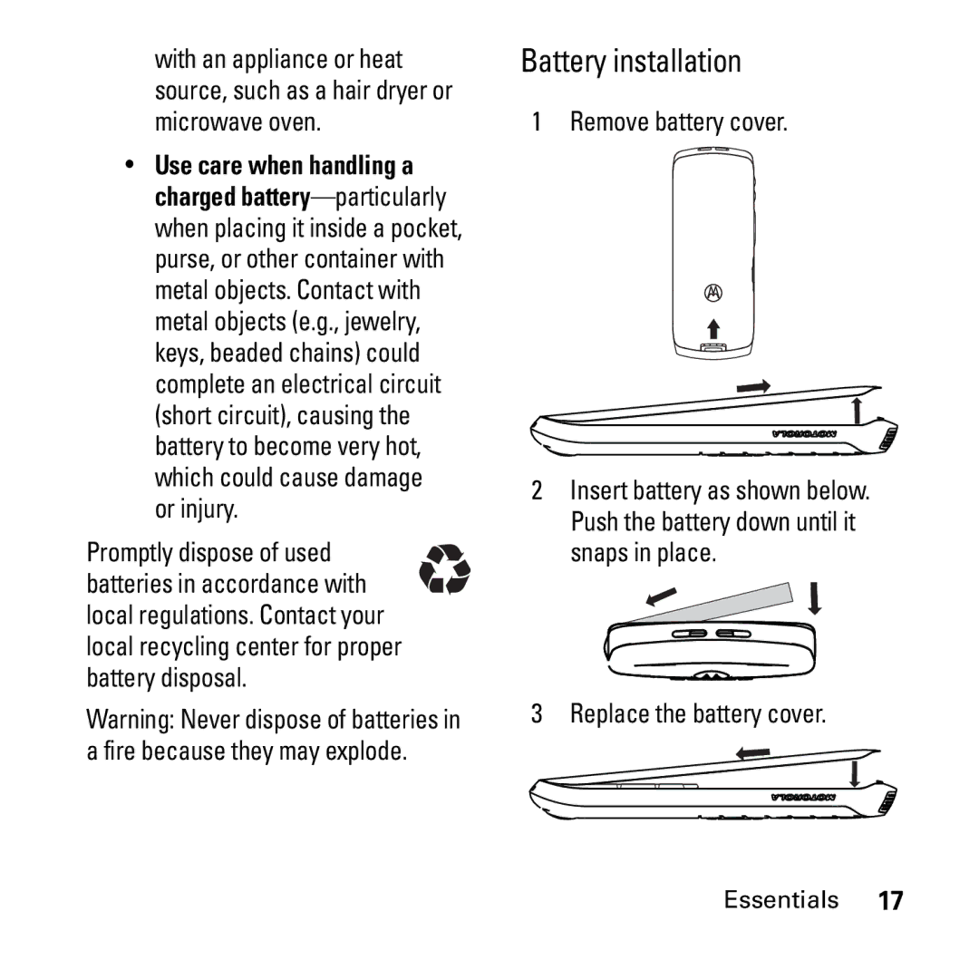 Motorola i290 manual Battery installation, Remove battery cover, Replace the battery cover 