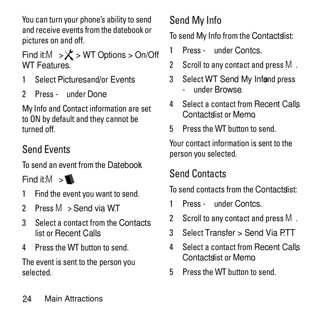 Motorola i290 manual Send Events, Send My Info, Send Contacts 