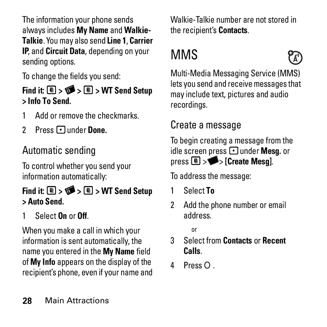 Motorola i290 manual Automatic sending, Create a message, Find it M X M WT Send Setup Info To Send 