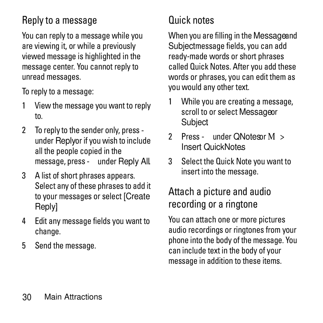 Motorola i290 manual Reply to a message, Quick notes, To reply to a message View the message you want to reply to 